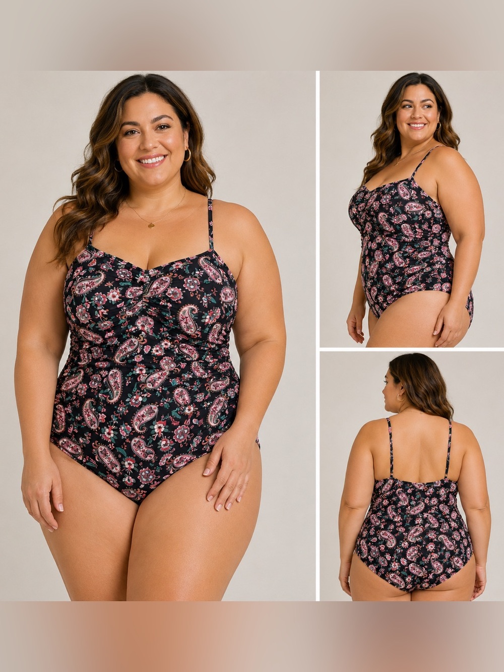 Lands End One Piece Swimsuit 3X 24W 26W Tummy Control Paisley Ruched Plus Size